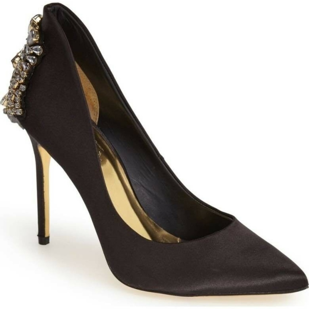 Ted Baker London Black Satin Pointed Toe Crystal Back Stiletto Pumps